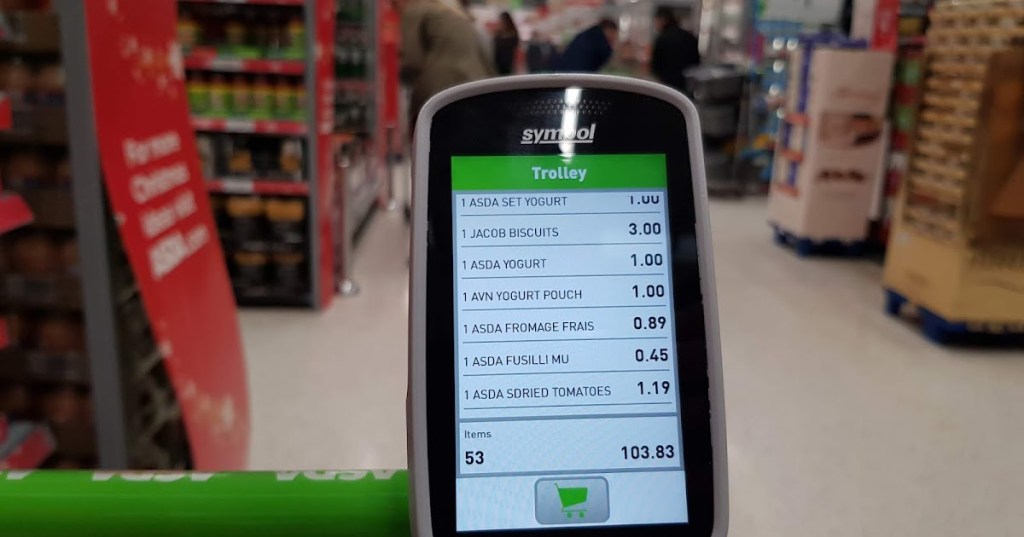 An image showing ASDA's Scan & Go device attached to a shopping trolley instore.